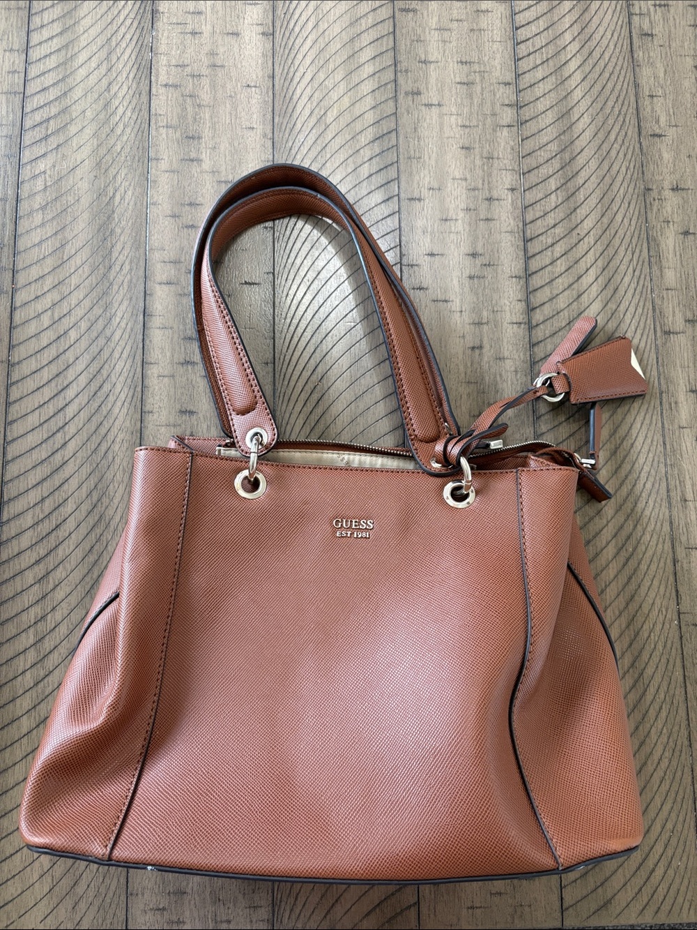 GUESS Cognac Saffiano Leather Shoulder Bag